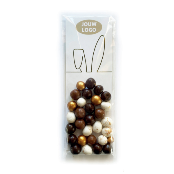 Vrolijk Pasen - Chocolade eitjes goud in foliezakje met eigen logo